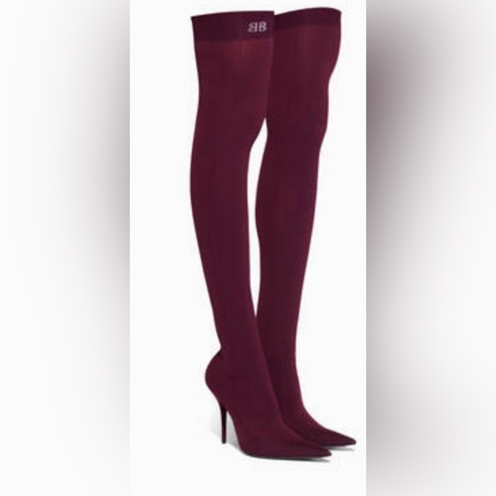 BALENCIAGA  Maroon Tight Knee-High Stiletto Sock Boots Size 36
